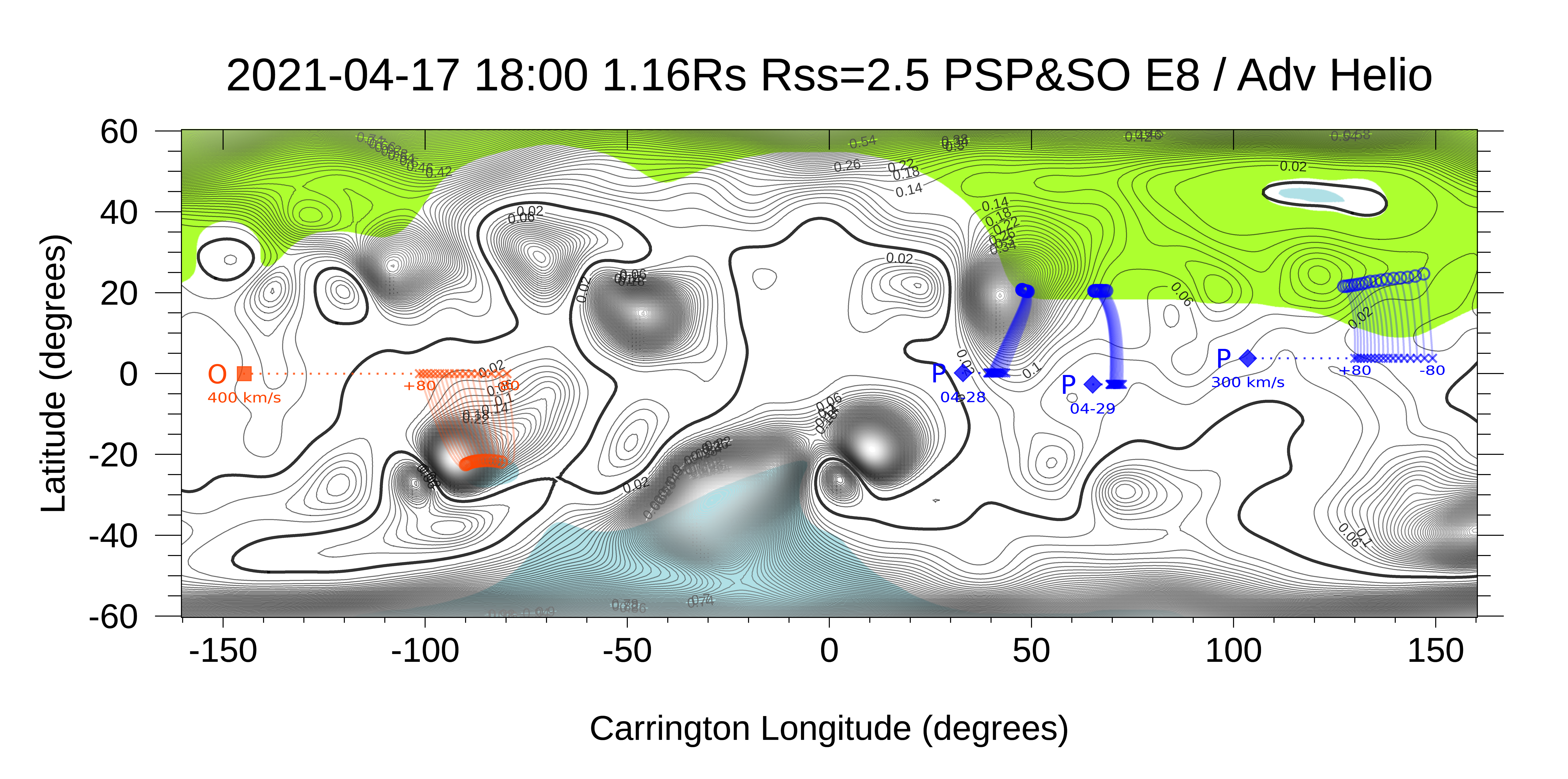 April 17, 2021 18:00 UT magnetic map and connectivity predictions for E8: PSP connections shown for April 17, 28 and 29; Solar Orbiter connections shown for April 17.
